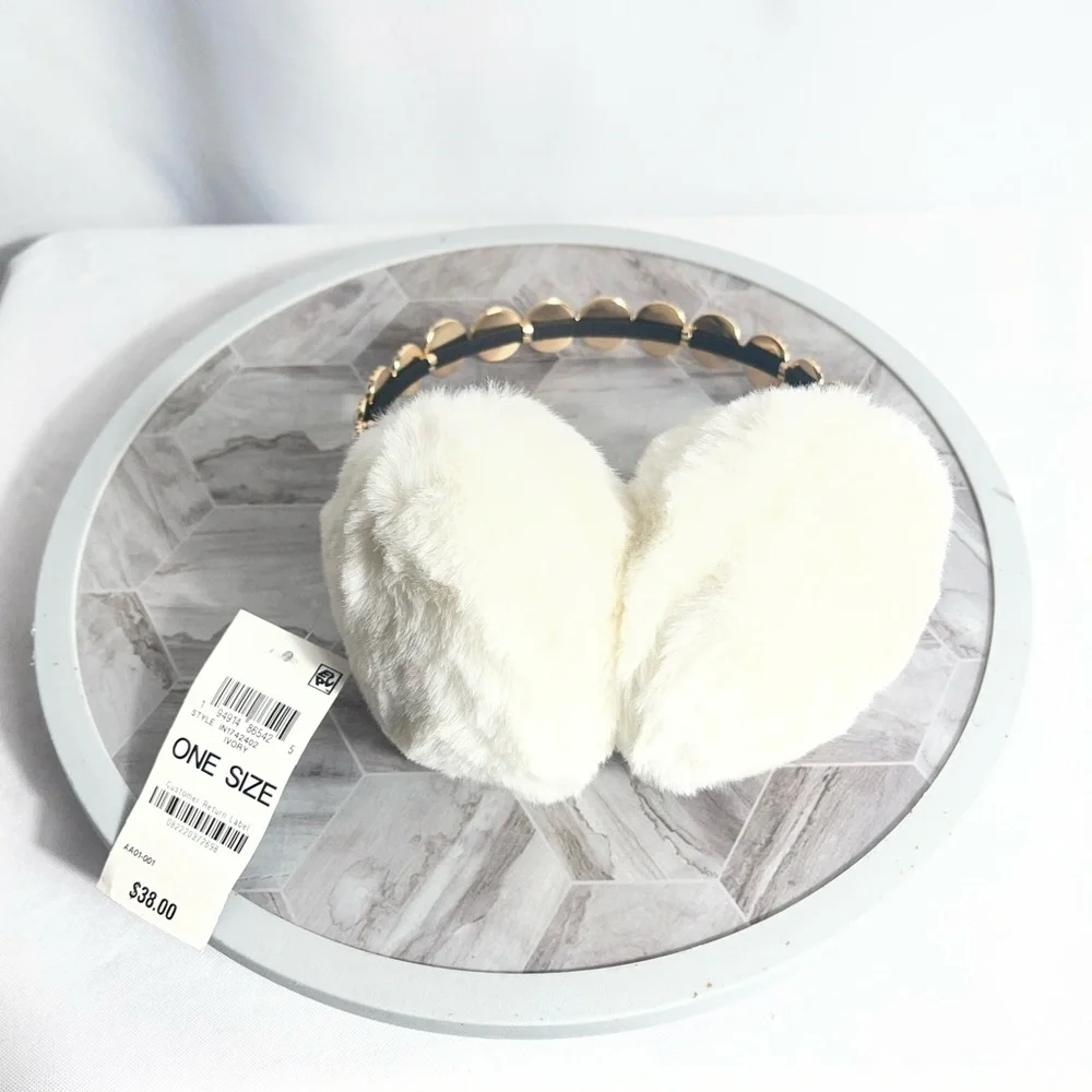INC International Concepts Faux Fur Pearl Headband Earmuffs Ivory One Size NWT